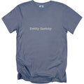 Blue t-shirt with "Pretty Sketchy" printed on the chest.