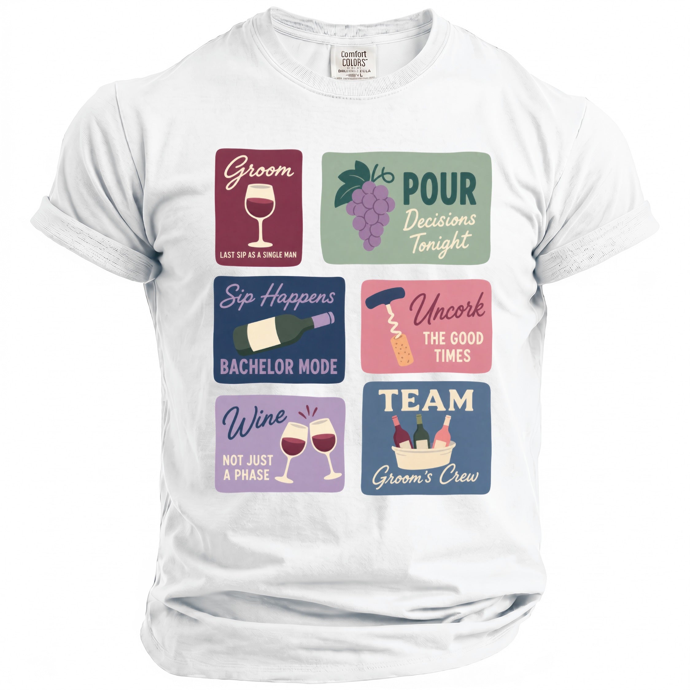 White t-shirt with six panels of text and graphics about a groom and bachelor party.