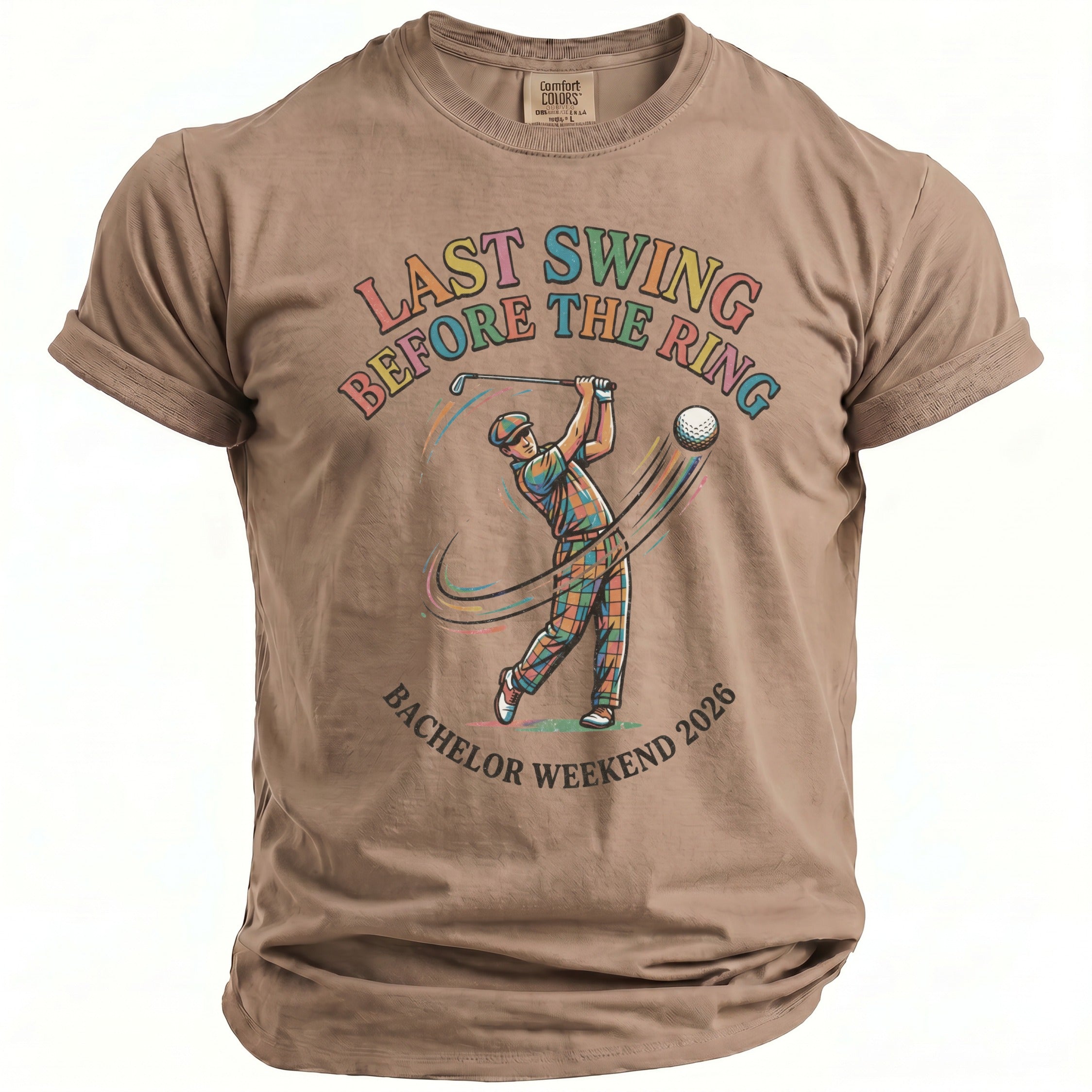 T-shirt with graphics "Last Swing Before the Ring" and "Bachelor Weekend 2026".