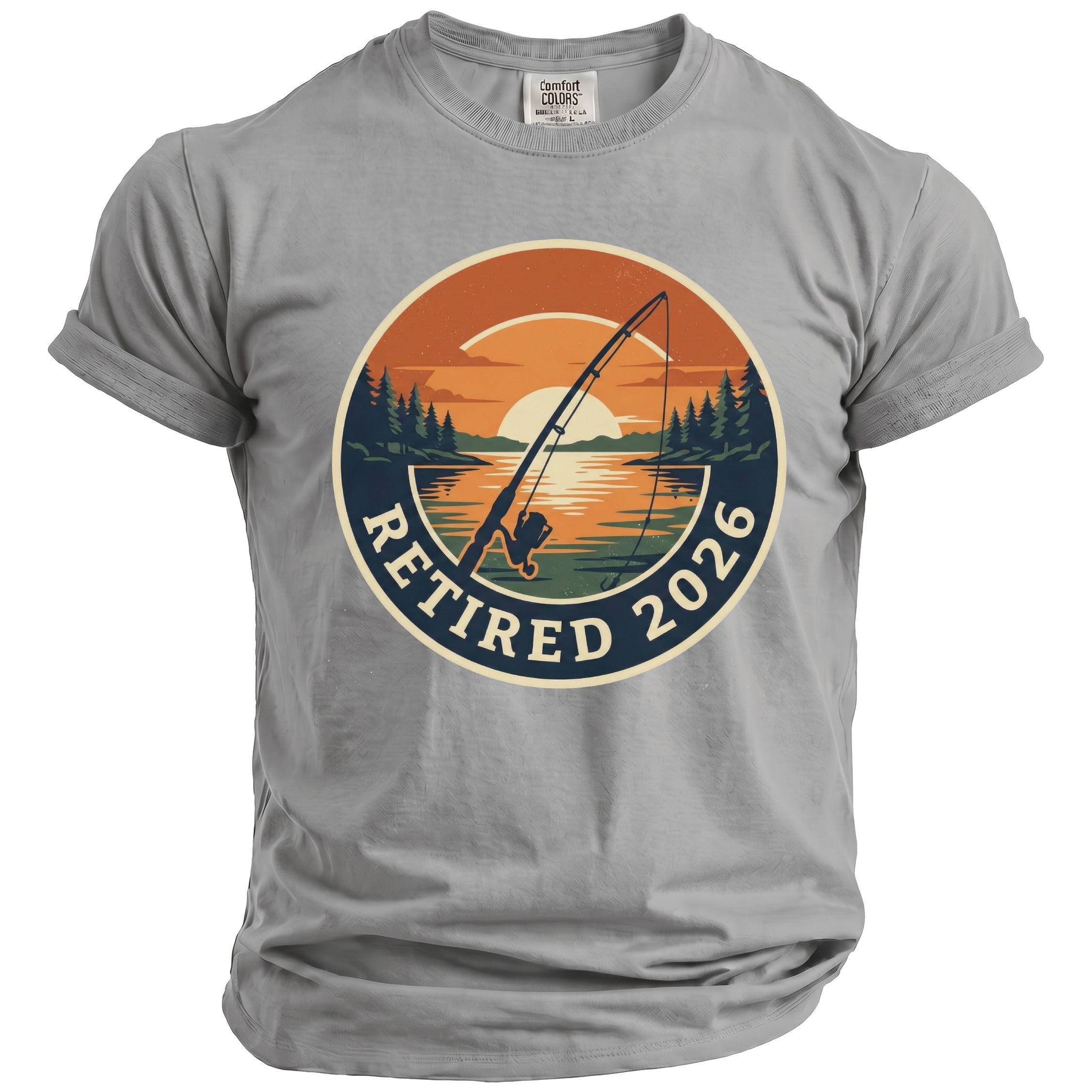 T-shirt with a graphic of a fishing rod and sunset with text "RETIRED 2026".