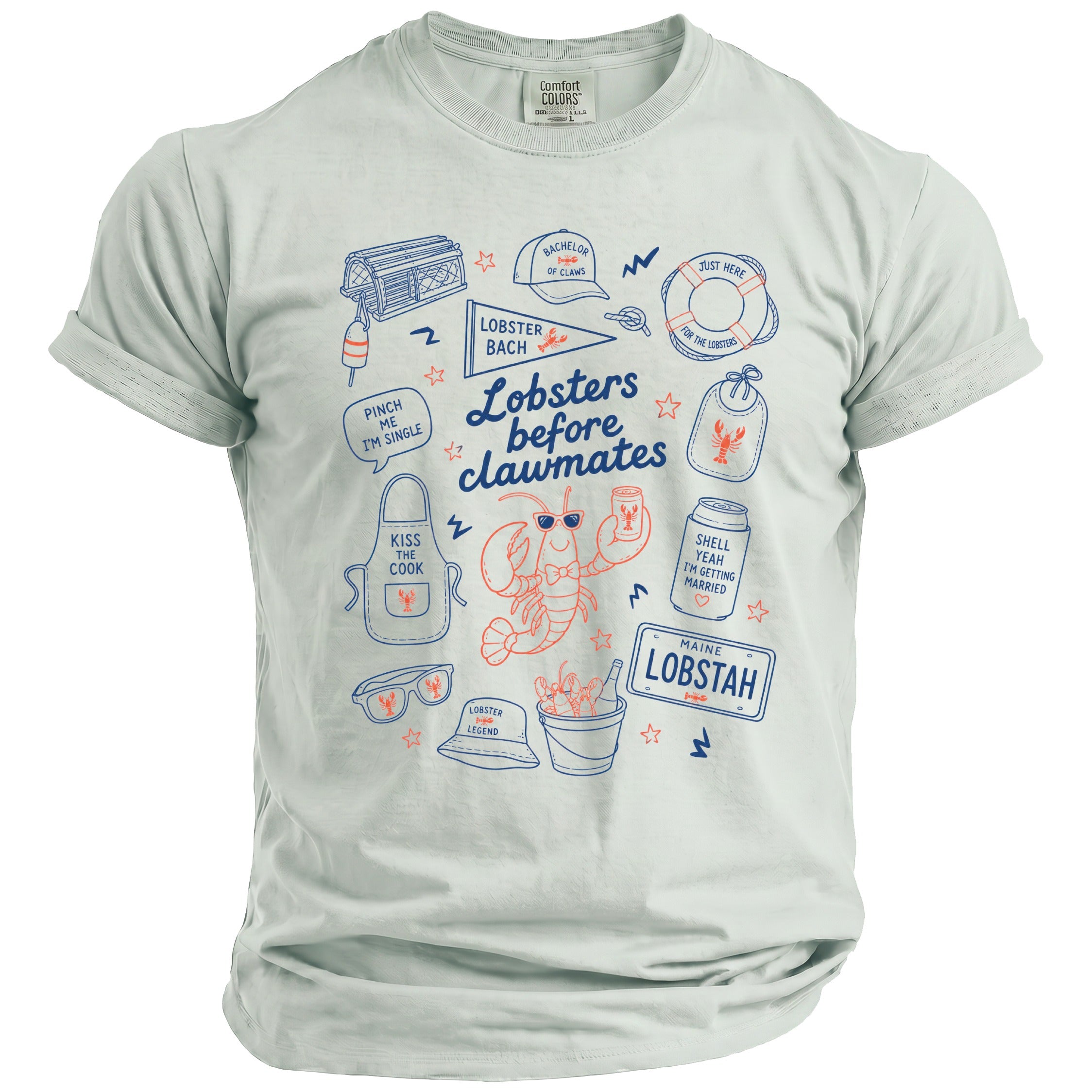 T-shirt graphic with lobsters and bachelor party-themed text and icons.