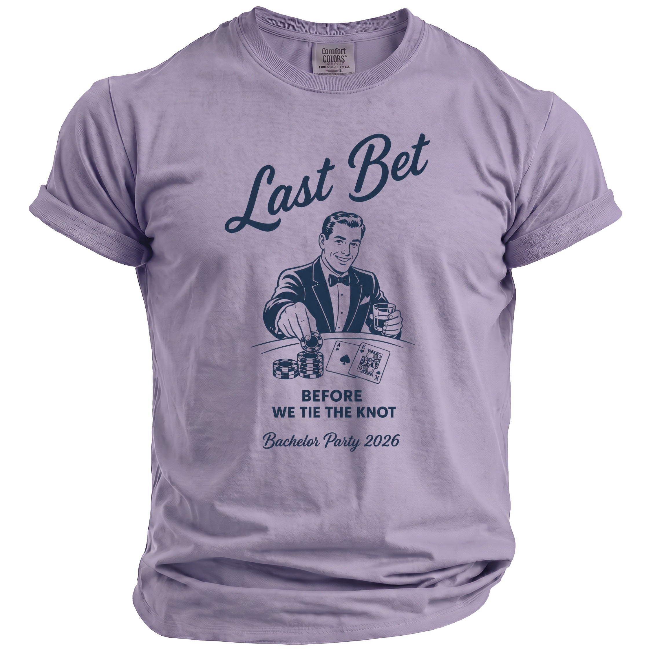 Purple t-shirt with "Last Bet Before We Tie The Knot Bachelor Party 2026" text and graphic.