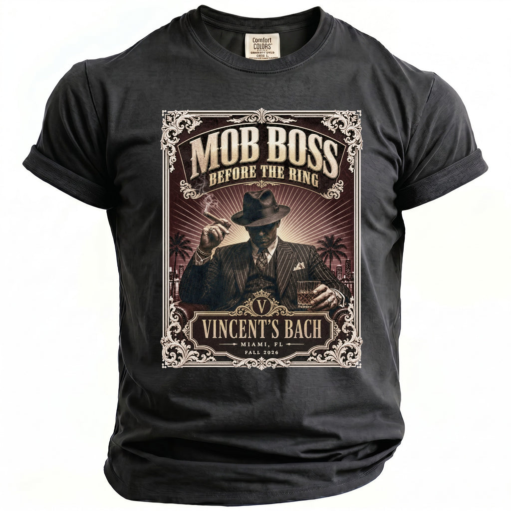 Dark grey t-shirt with graphic of a man labeled "Mob Boss" and "Vincent's Bach".