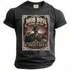 Dark grey t-shirt with graphic of a man labeled "Mob Boss" and "Vincent's Bach".