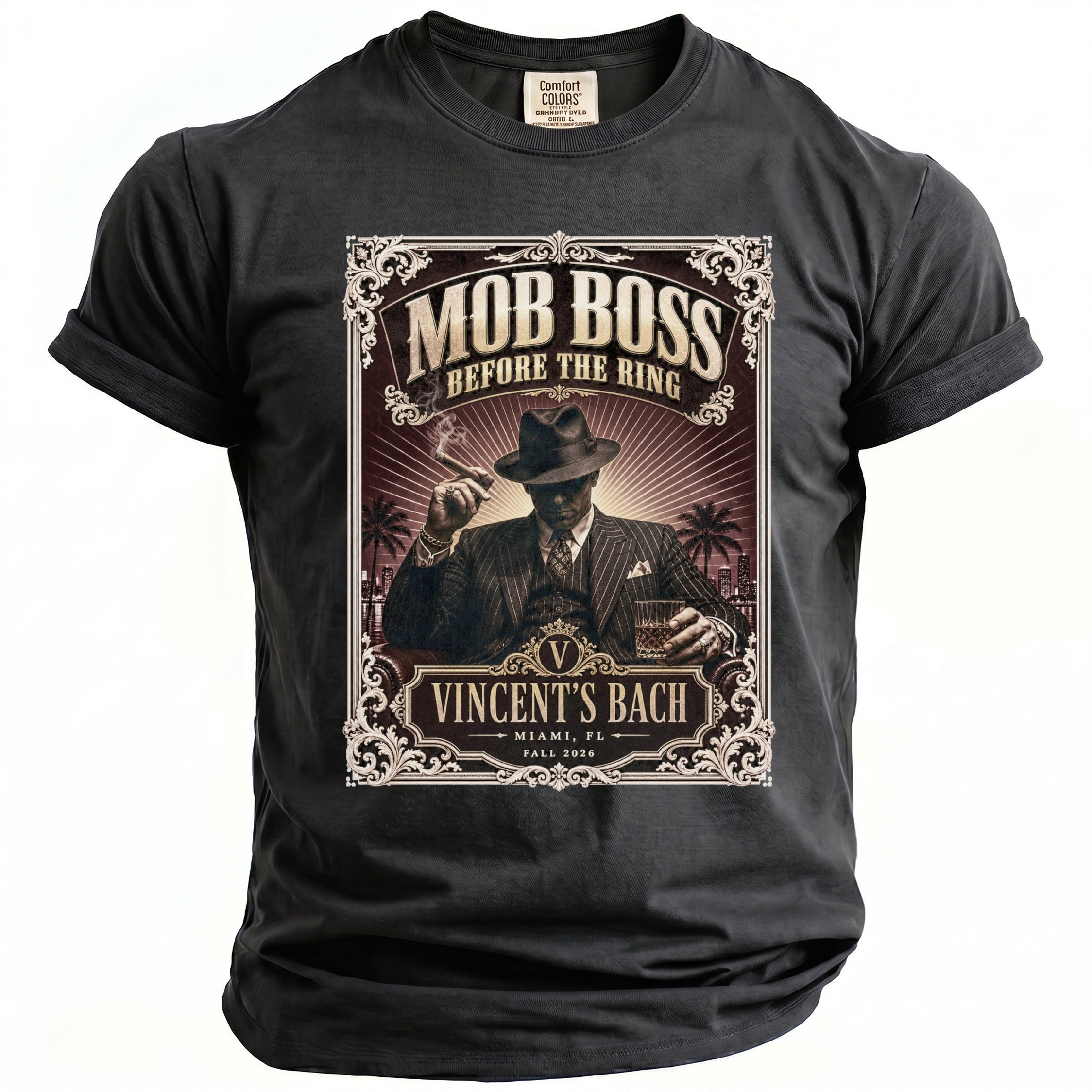 Dark grey t-shirt with graphic of a man labeled "Mob Boss" and "Vincent's Bach".