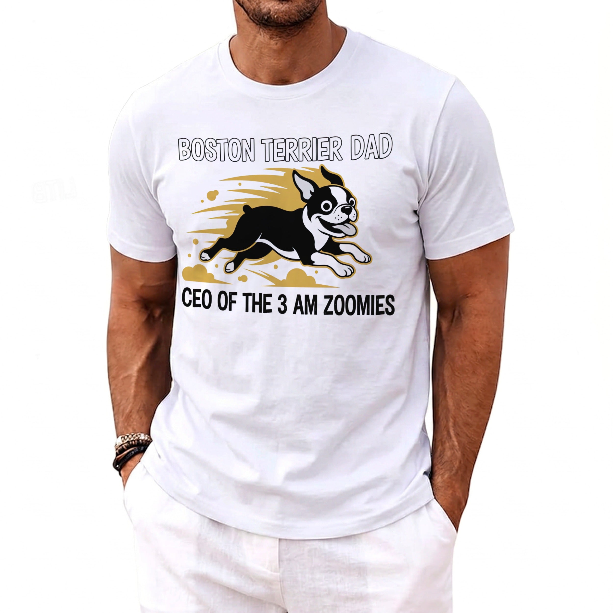 White t-shirt with Boston Terrier Dad text and running dog graphic.