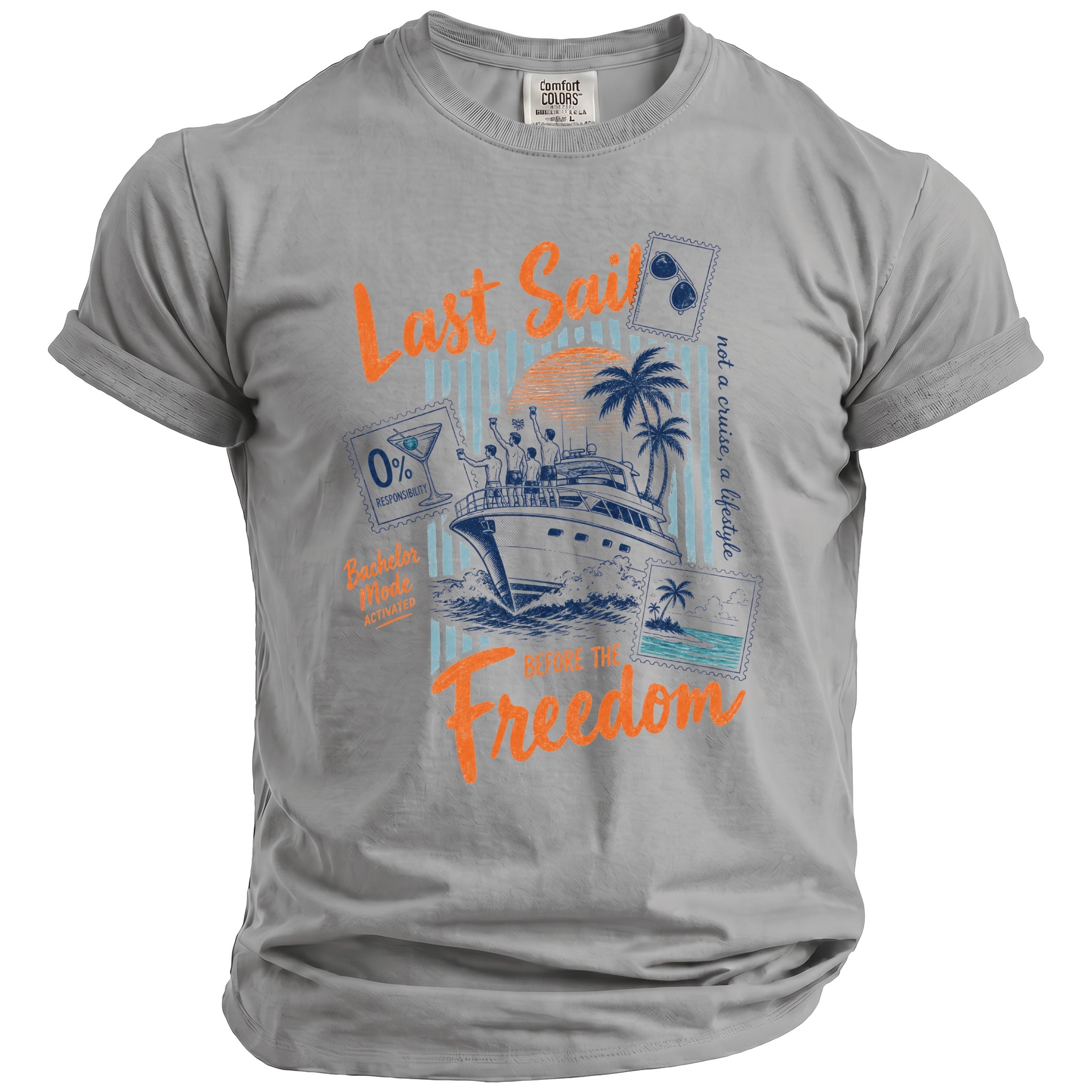 Gray t-shirt with "Last Sail" graphic featuring a yacht, palm trees, and text.