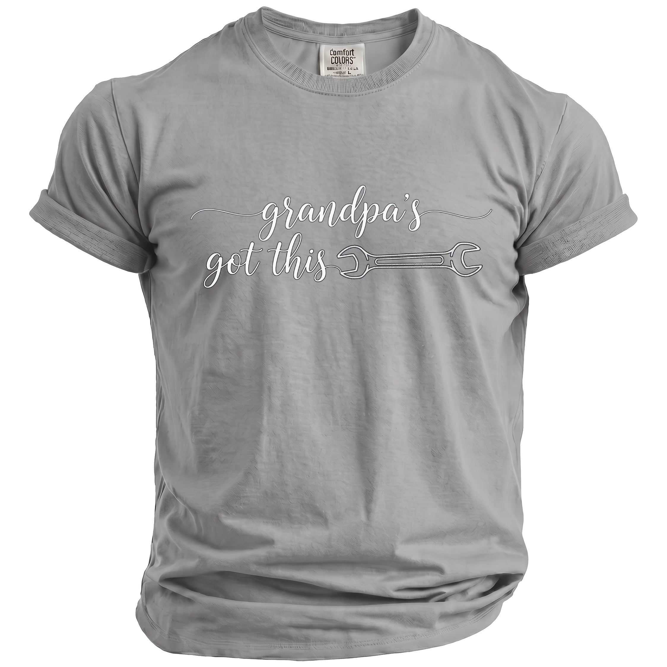 Grey t-shirt with white text "grandpa's got this" and a wrench graphic.