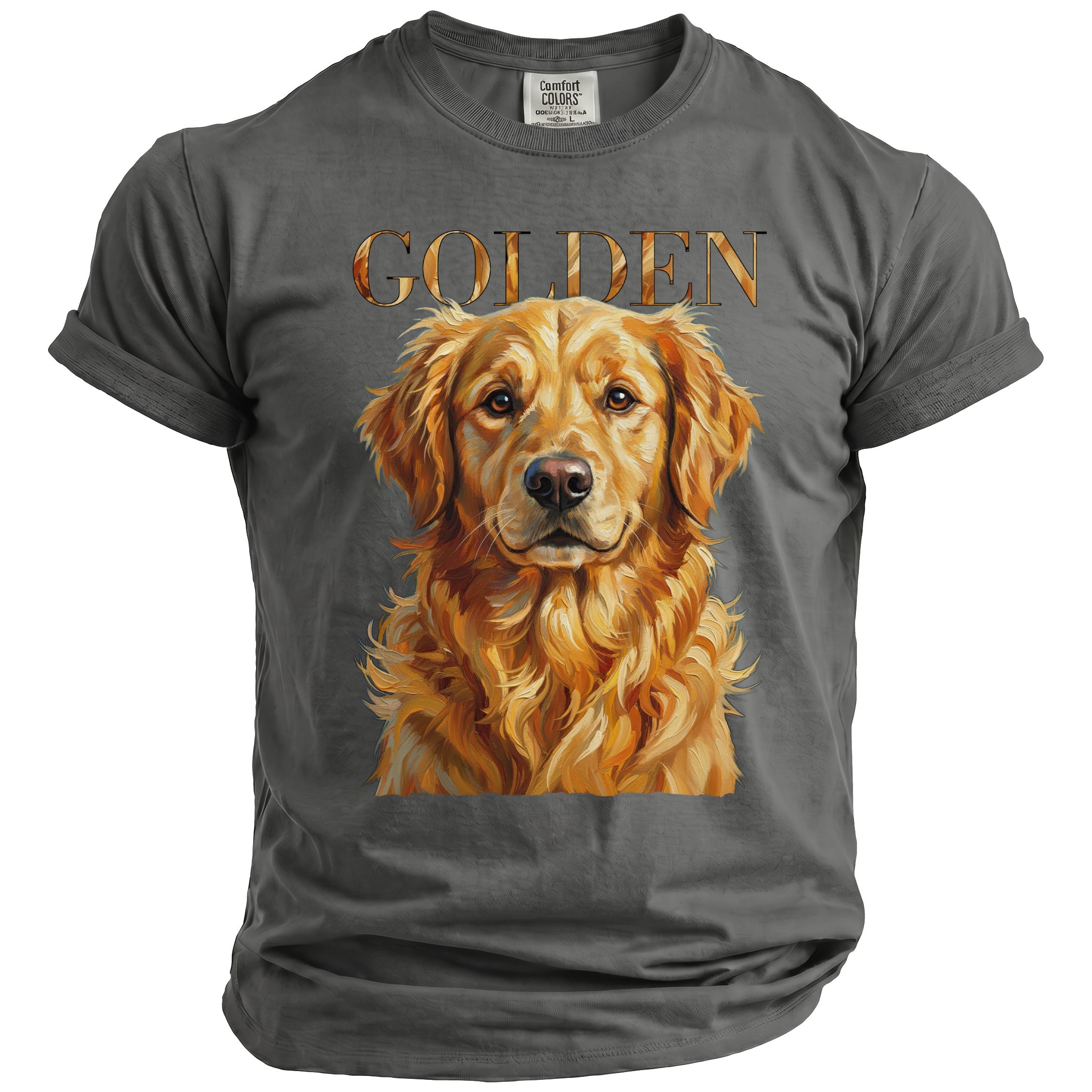 Grey t-shirt with a Golden Retriever portrait and the word "GOLDEN".