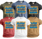 Several short-sleeve t-shirts in various colors featuring the text "BLUES BACH SCENE".