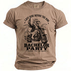 Brown t-shirt with dragon on motorcycle graphic. "Last Ride Before the Ring" and "Bachelor Party" text.