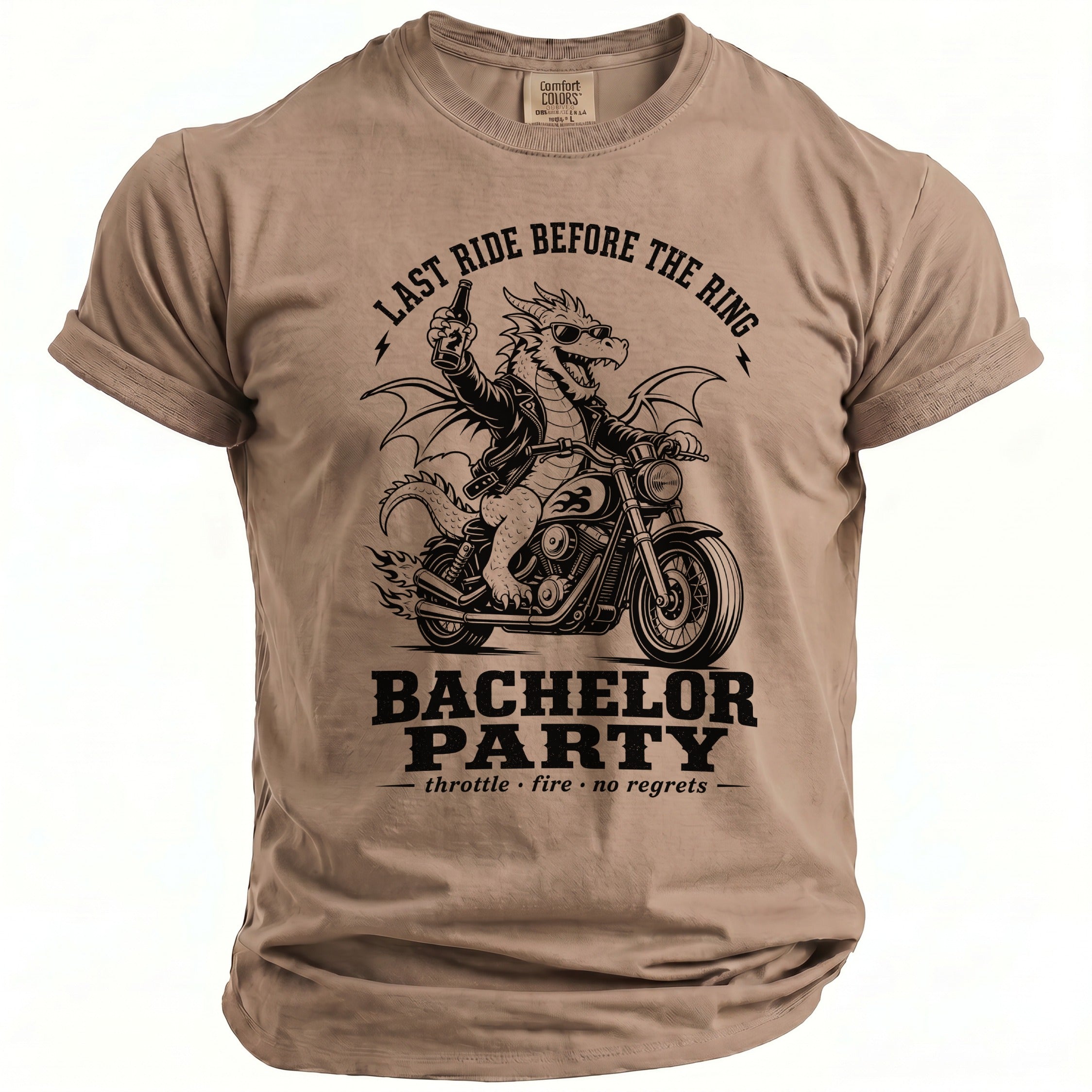 Brown t-shirt with dragon on motorcycle graphic. "Last Ride Before the Ring" and "Bachelor Party" text.