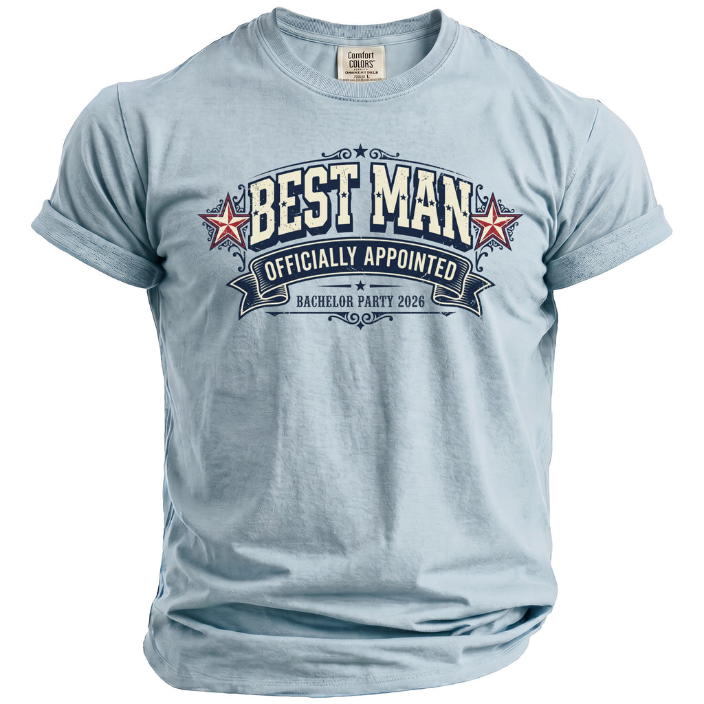 Light blue t-shirt with "BEST MAN OFFICIALLY APPOINTED BACHELOR PARTY 2026" graphic.