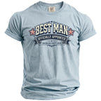Light blue t-shirt with "BEST MAN OFFICIALLY APPOINTED BACHELOR PARTY 2026" graphic.