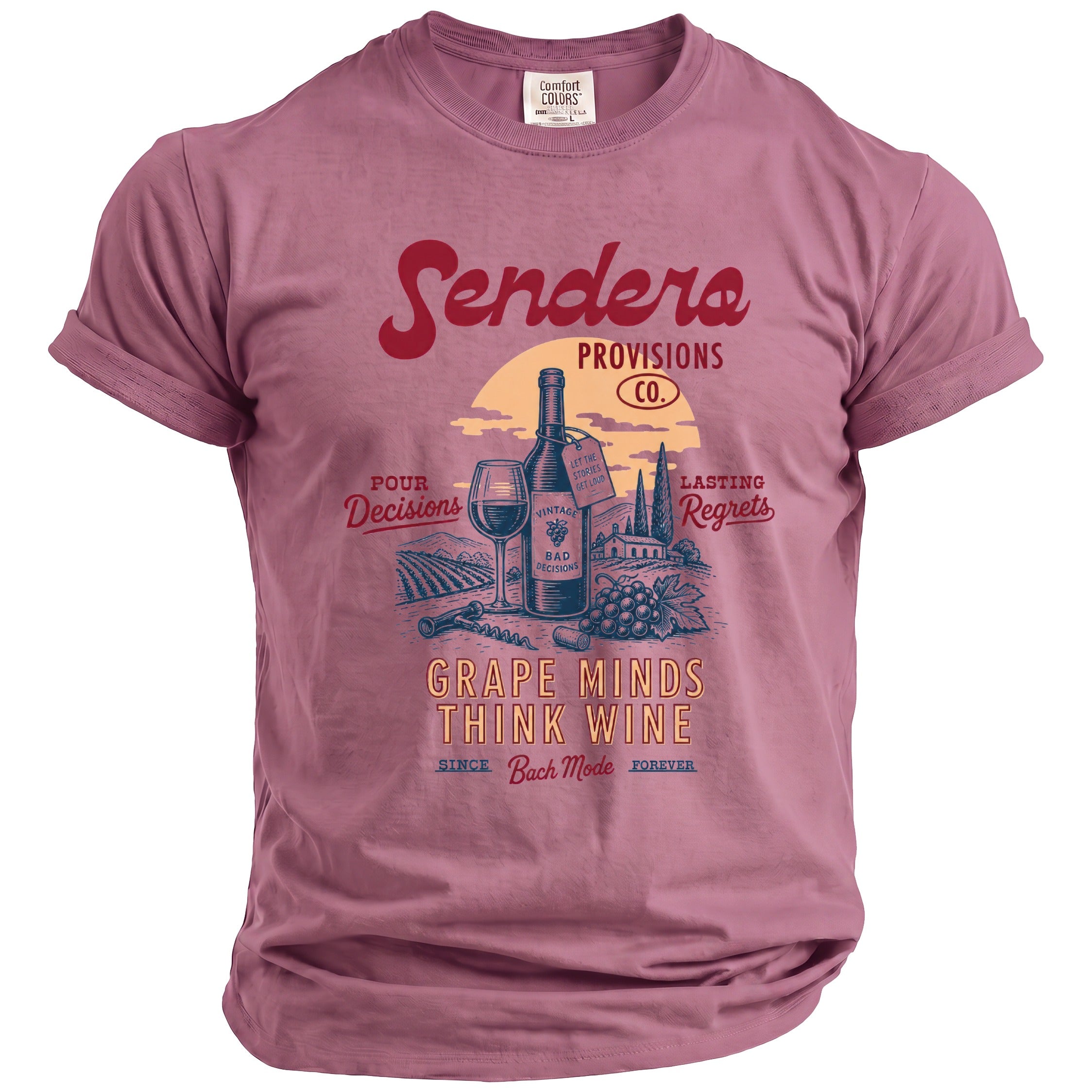 Sendera Provisions Co. t-shirt with wine illustration and "Grape Minds Think Wine" text.