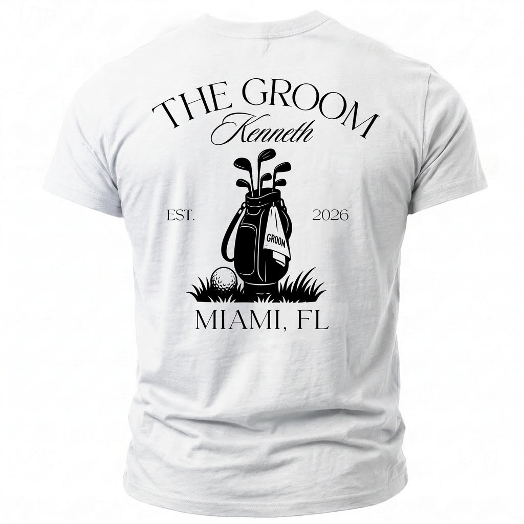 White t-shirt with "The Groom Kenneth" and golf bag design.