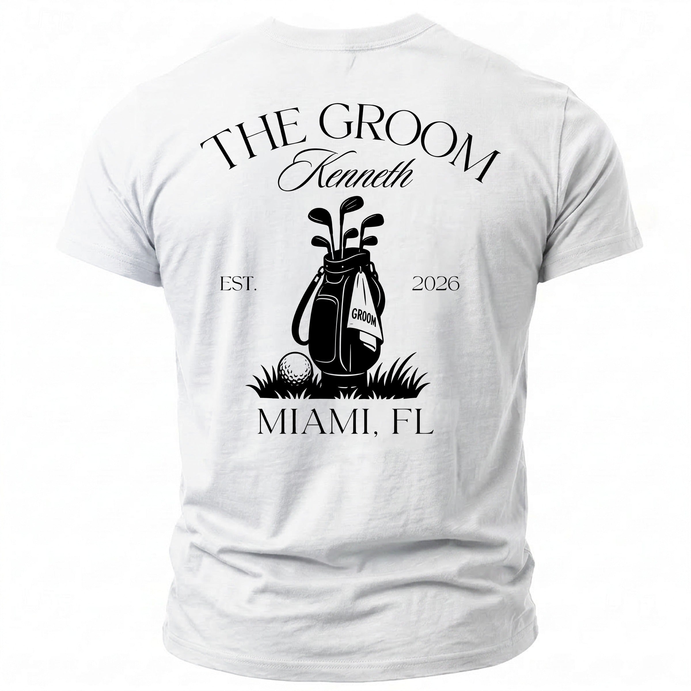 White t-shirt with "The Groom Kenneth" and golf bag design.
