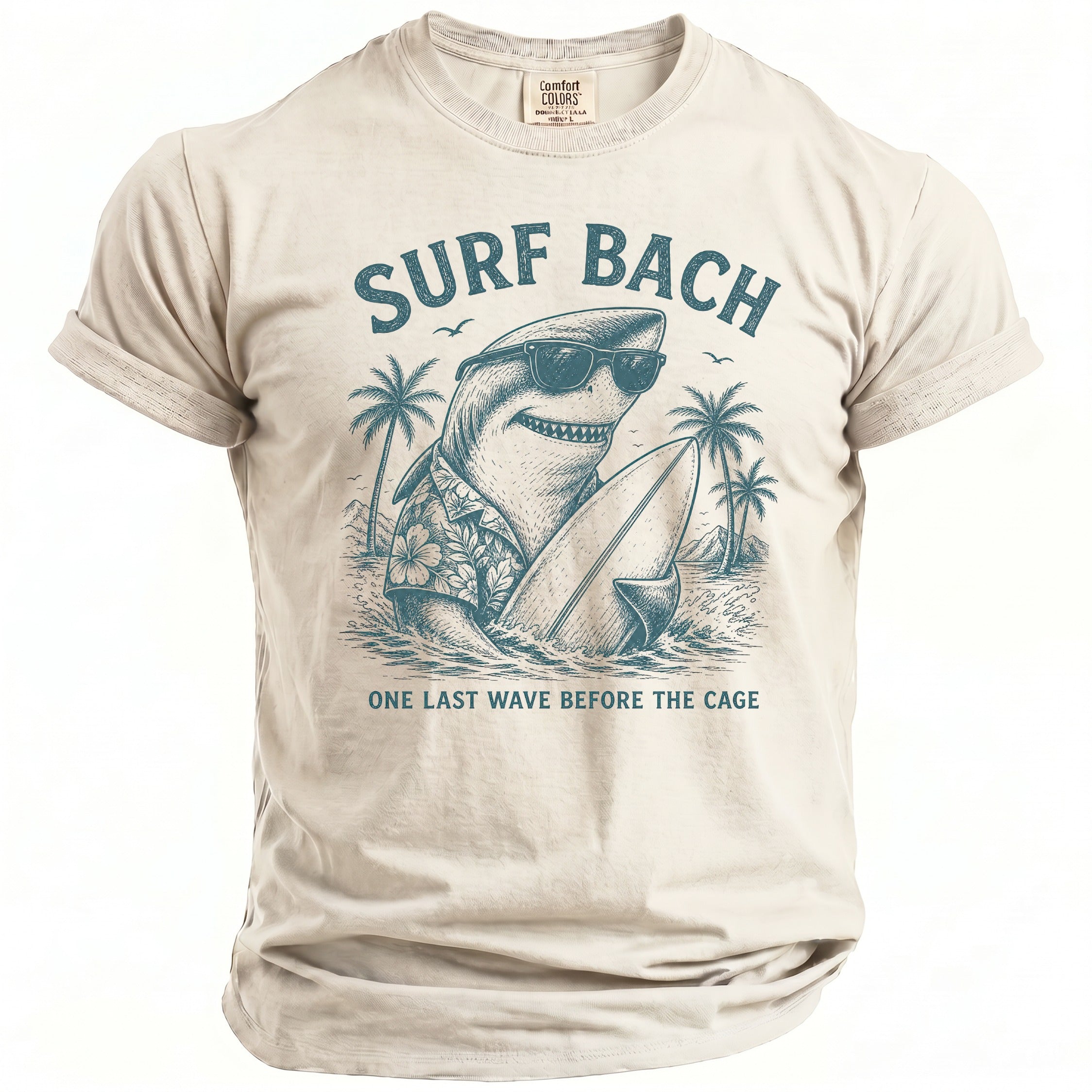 Shark in sunglasses and Hawaiian shirt holding surfboard with text "SURF BACH ONE LAST WAVE BEFORE THE CAGE".
