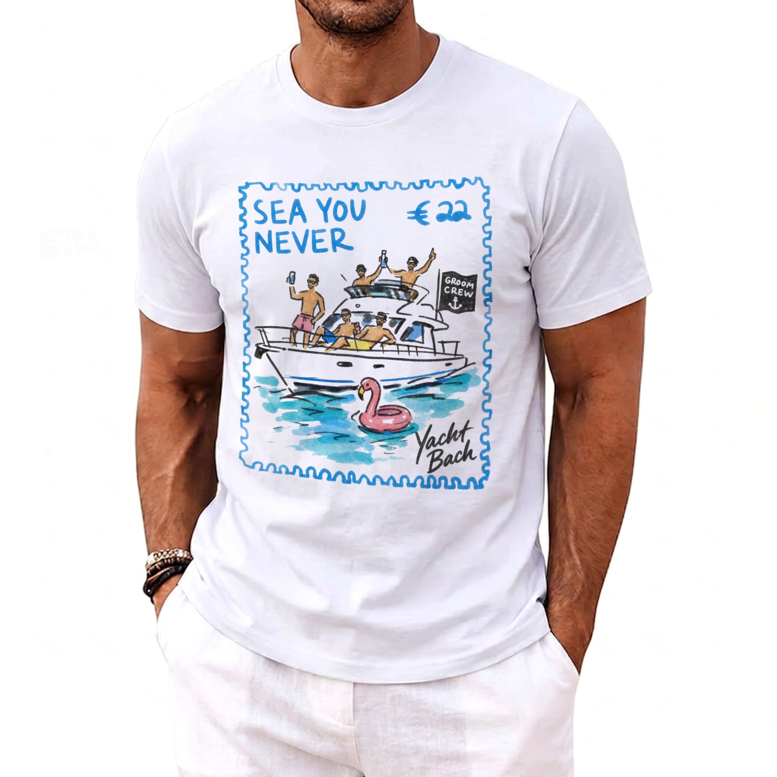White t-shirt with "Sea You Never" and a boat party graphic.