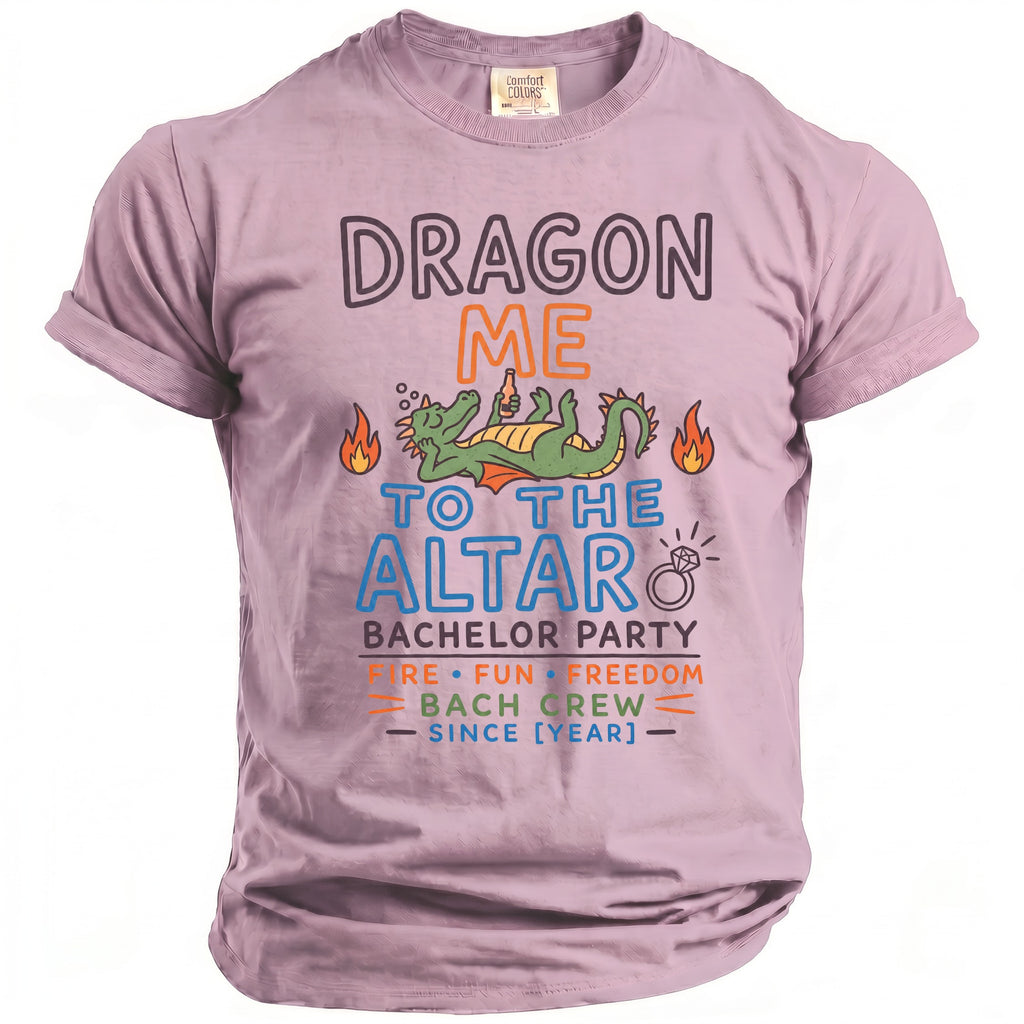 Lavender t-shirt with "Dragon Me to the Altar Bachelor Party" text and graphics.