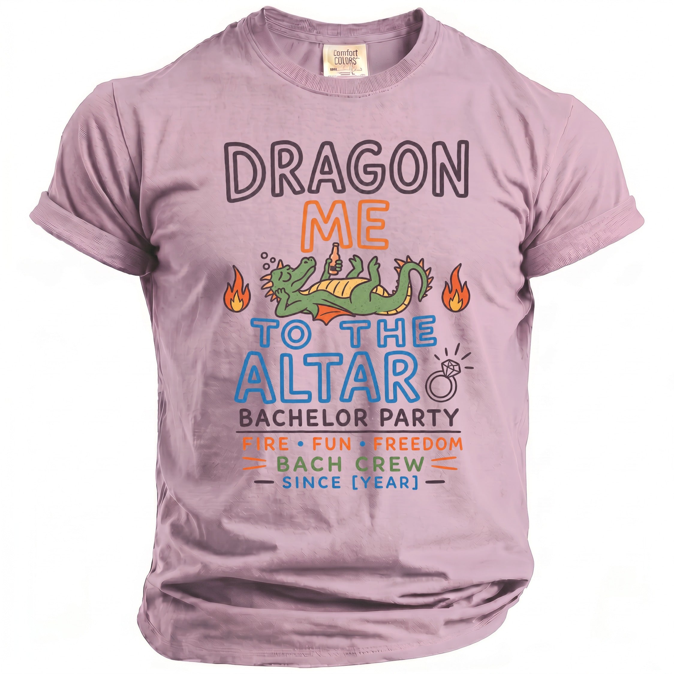 Lavender t-shirt with "Dragon Me to the Altar Bachelor Party" text and graphics.