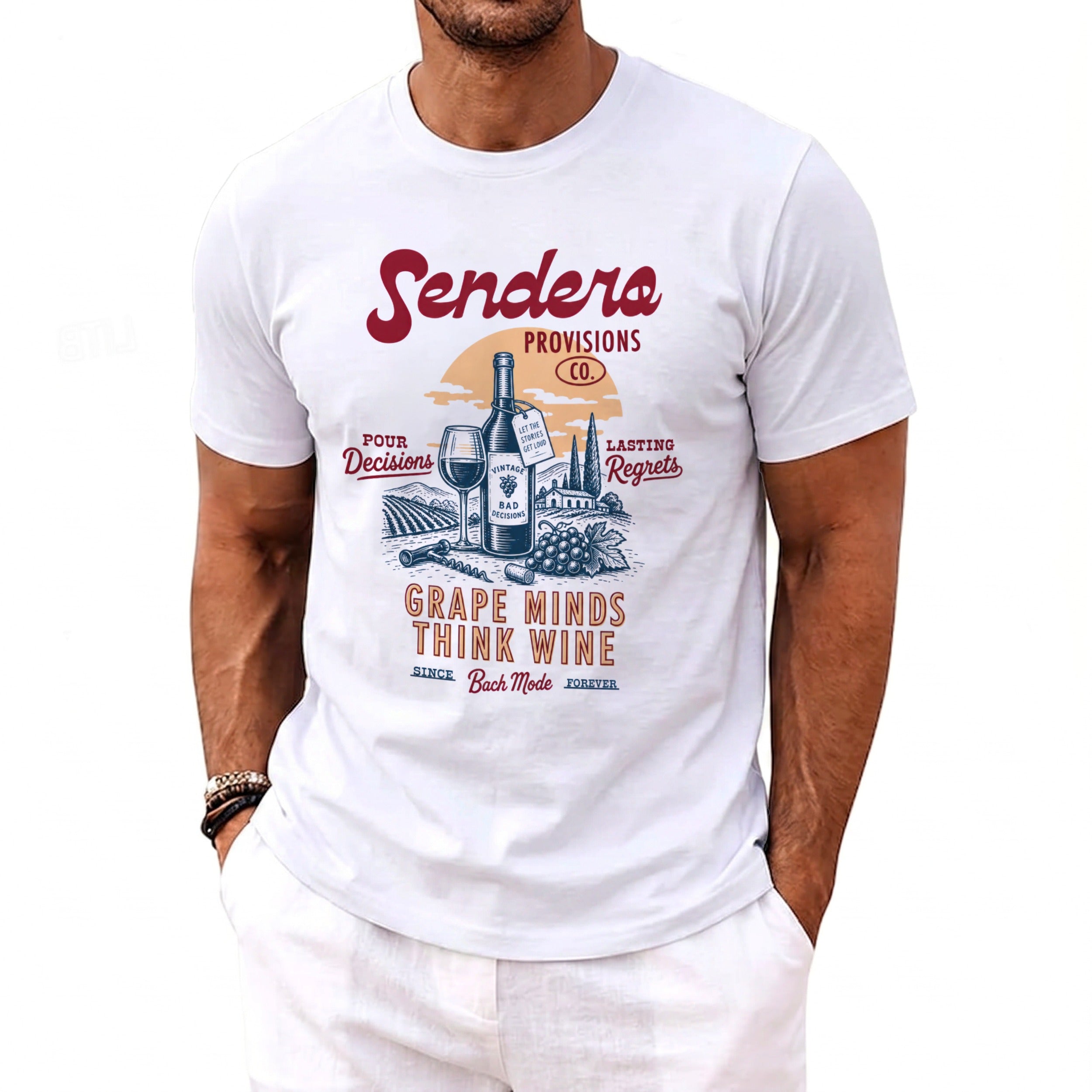 White t-shirt with vintage wine-themed graphic and text: "Sendero Provisions Co." and "Grape Minds Think Wine".