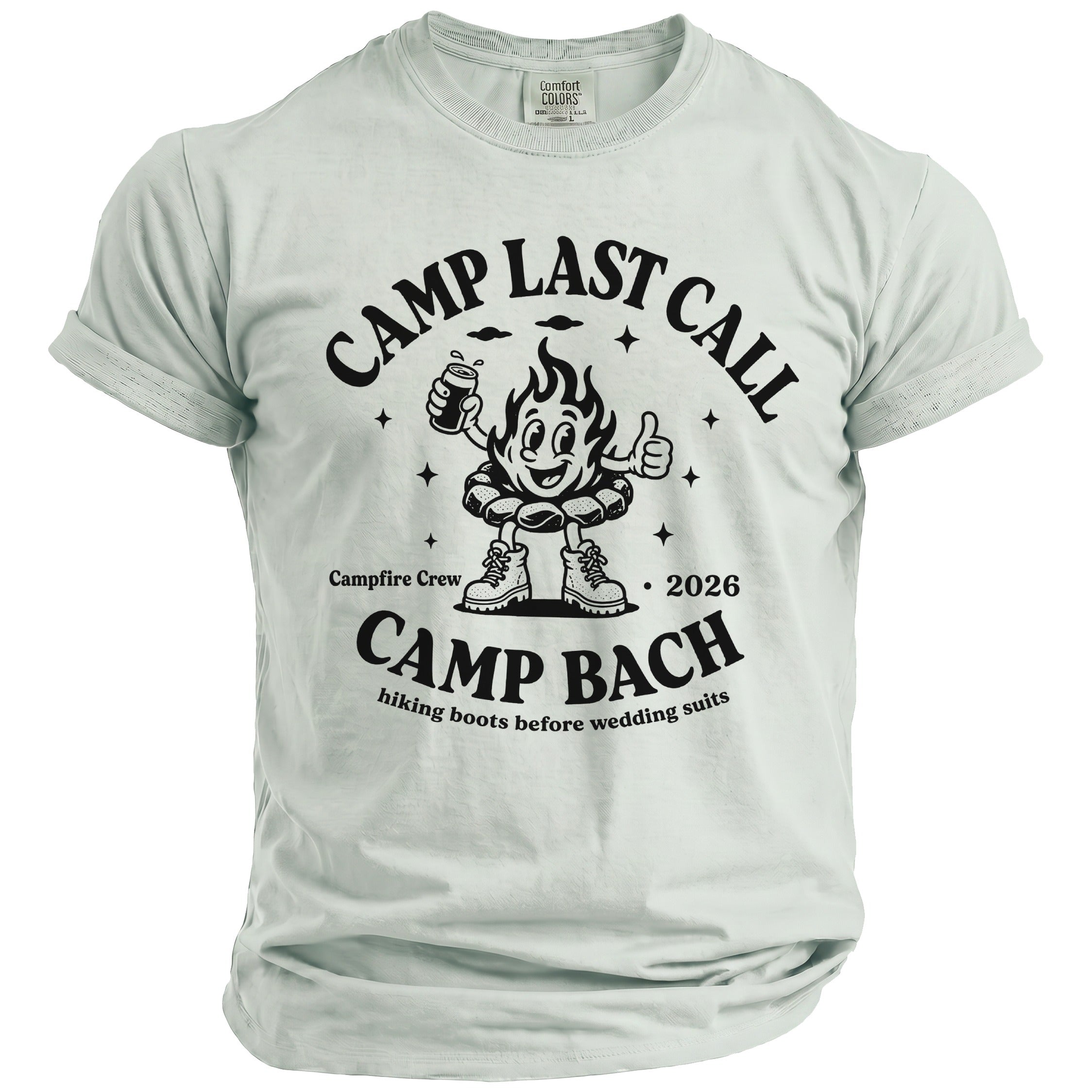 Light green crew neck t-shirt featuring black cartoon campfire graphics and Camp Last Call text.