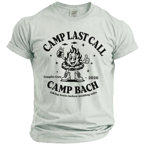 Light green crew neck t-shirt featuring black cartoon campfire graphics and Camp Last Call text.