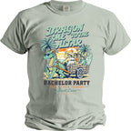 T-shirt graphic: Dragon pulling cart with men for bachelor party, text reads "Dragon Me To The Altar".