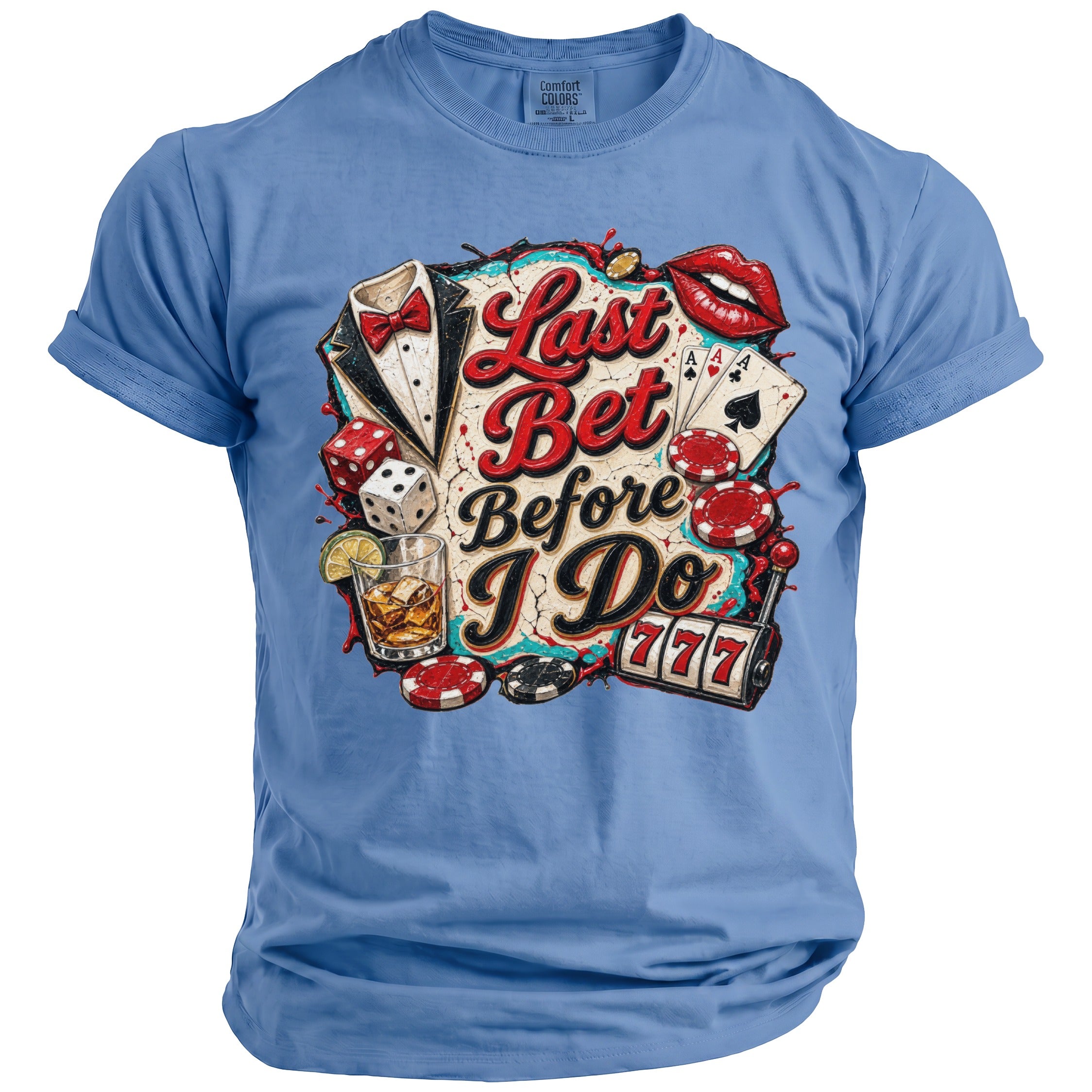 Blue t-shirt with "Last Bet Before I Do" text and casino graphics.