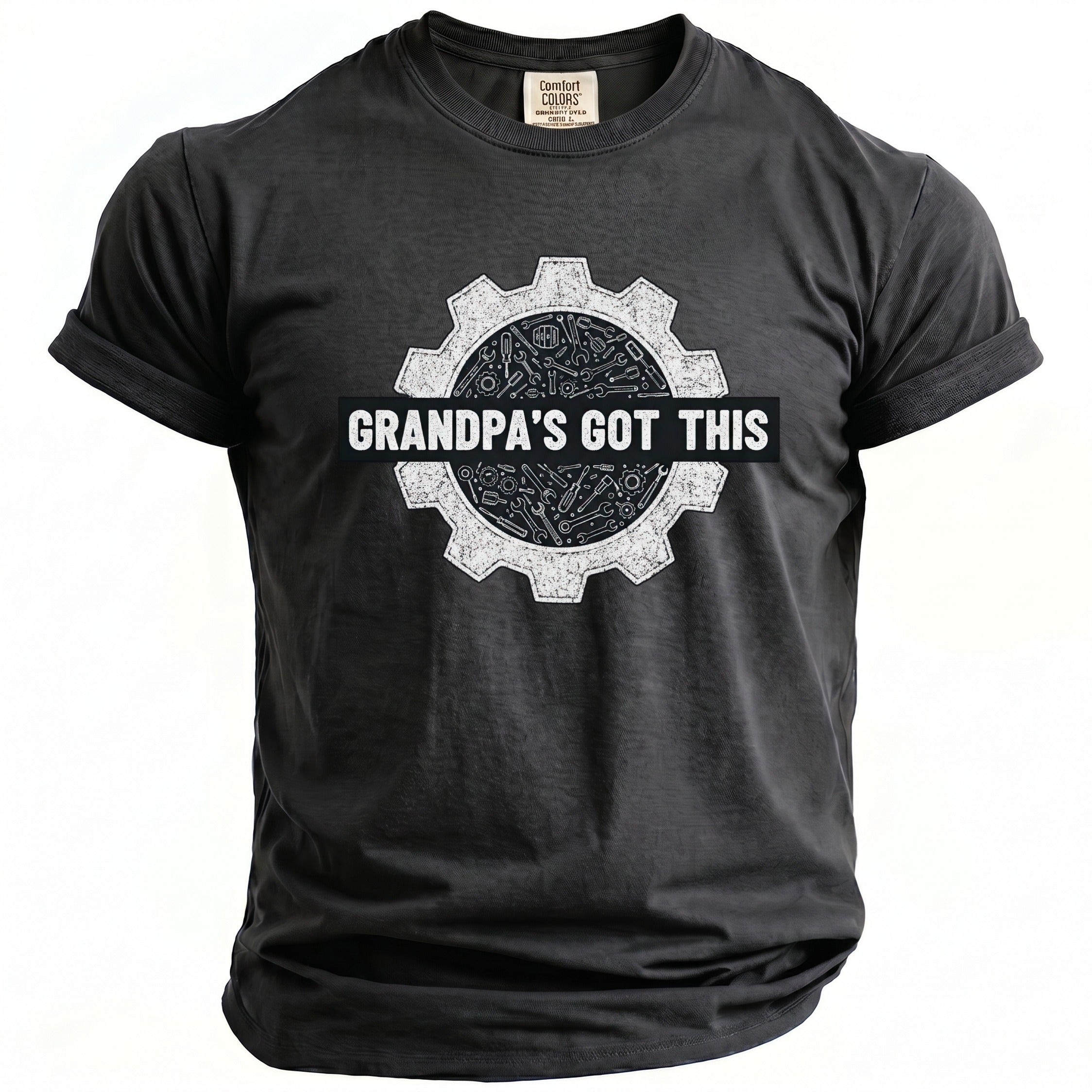 Dark grey t-shirt with a graphic of a gear filled with tools and the text "GRANDPA'S GOT THIS".