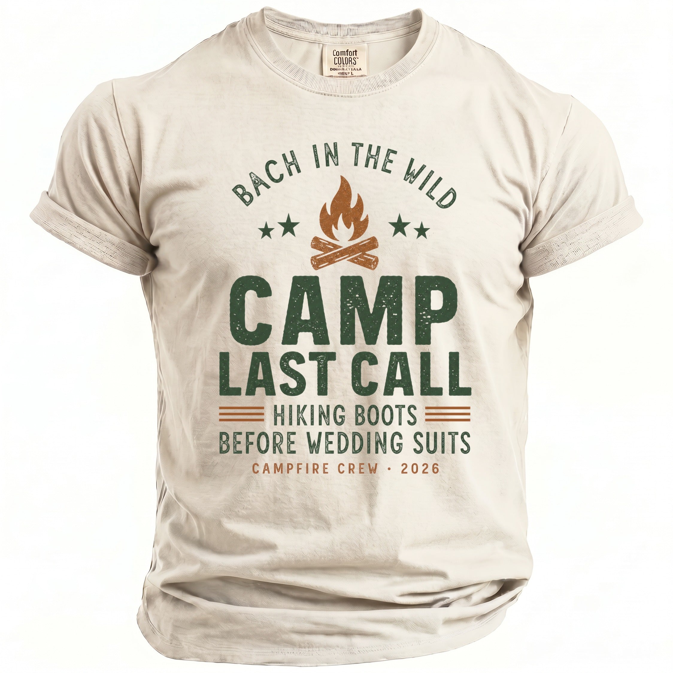 Light beige t-shirt with "CAMP LAST CALL" text and campfire graphics.