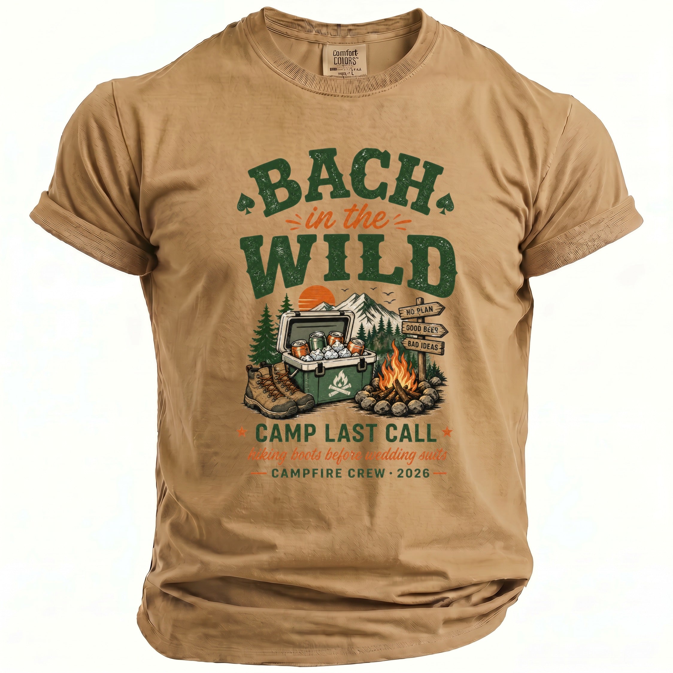 T-shirt with "Bach in the Wild" graphic, cooler, campfire, and hiking boots.