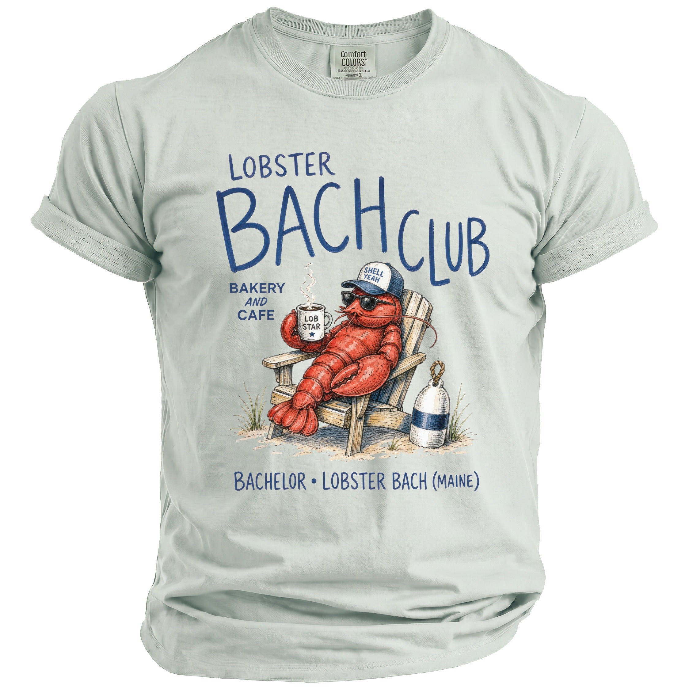 Lobster Bach Club Bakery and Cafe graphic on a light grey t-shirt.