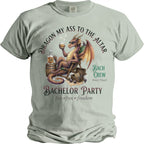 Dragon with sunglasses and drink on a chair, with "Bachelor Party" text.