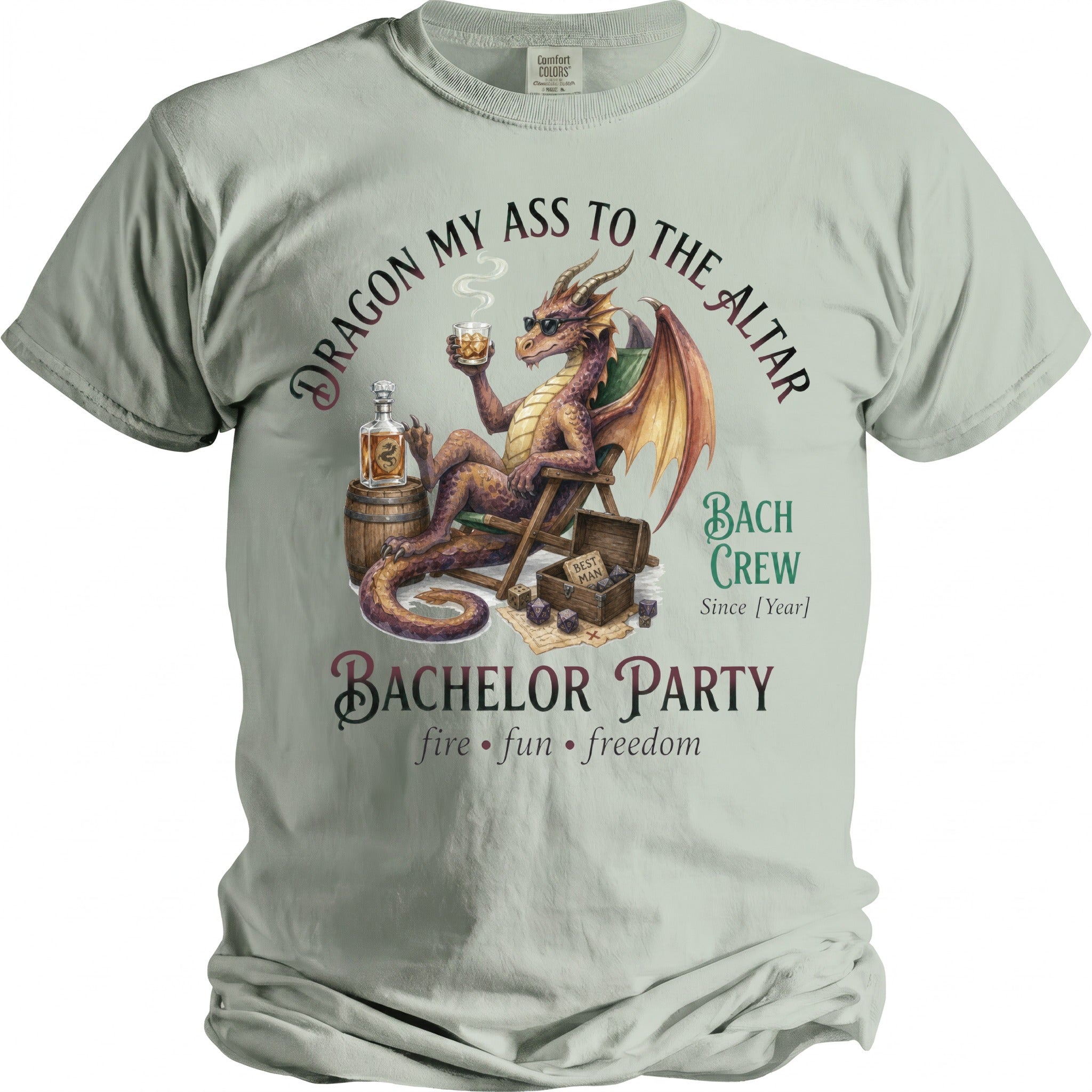 Dragon with sunglasses and drink on a chair, with "Bachelor Party" text.