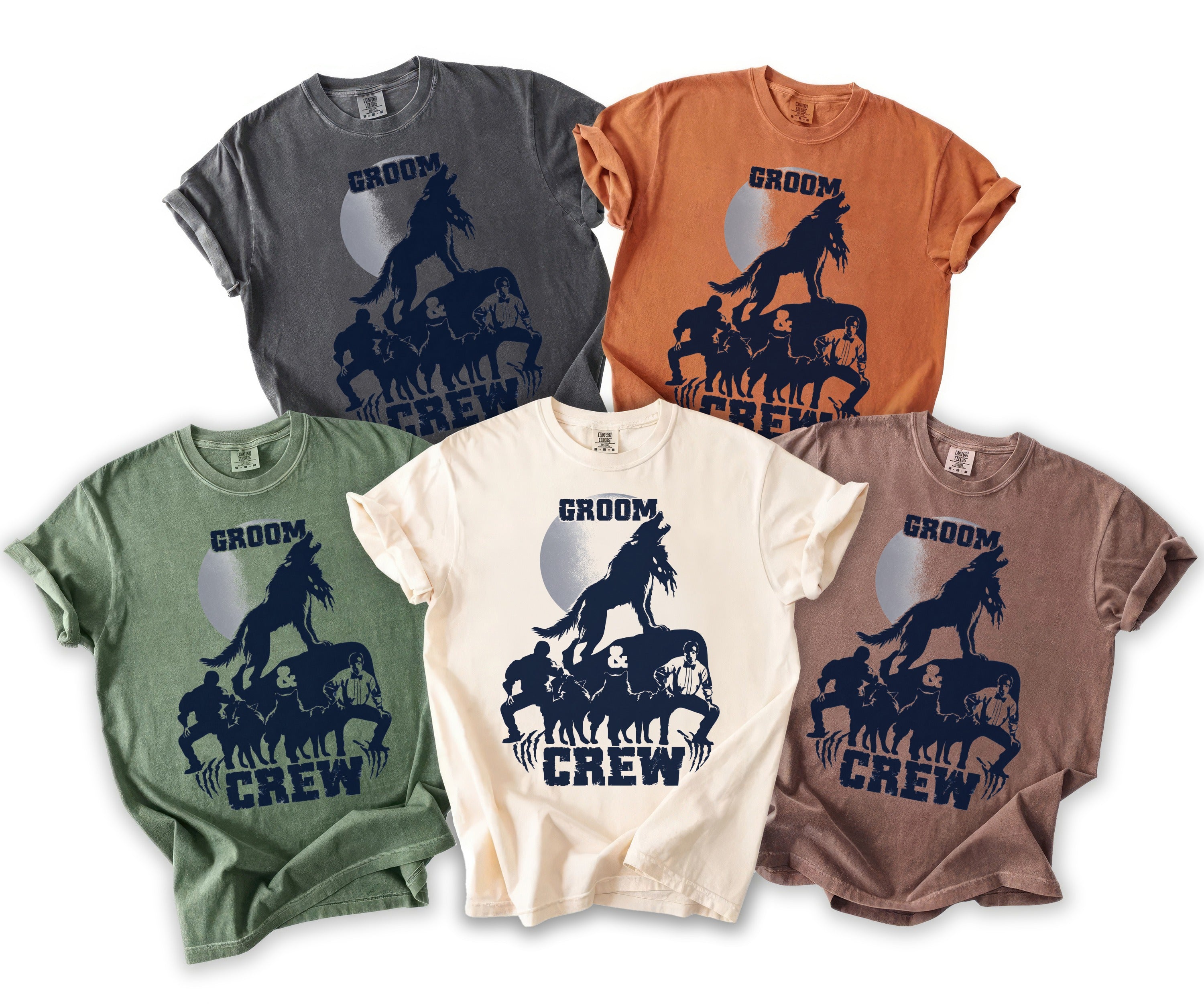 T-shirts in various colors featuring a "Groom Crew" graphic with wolves and men under a moon.