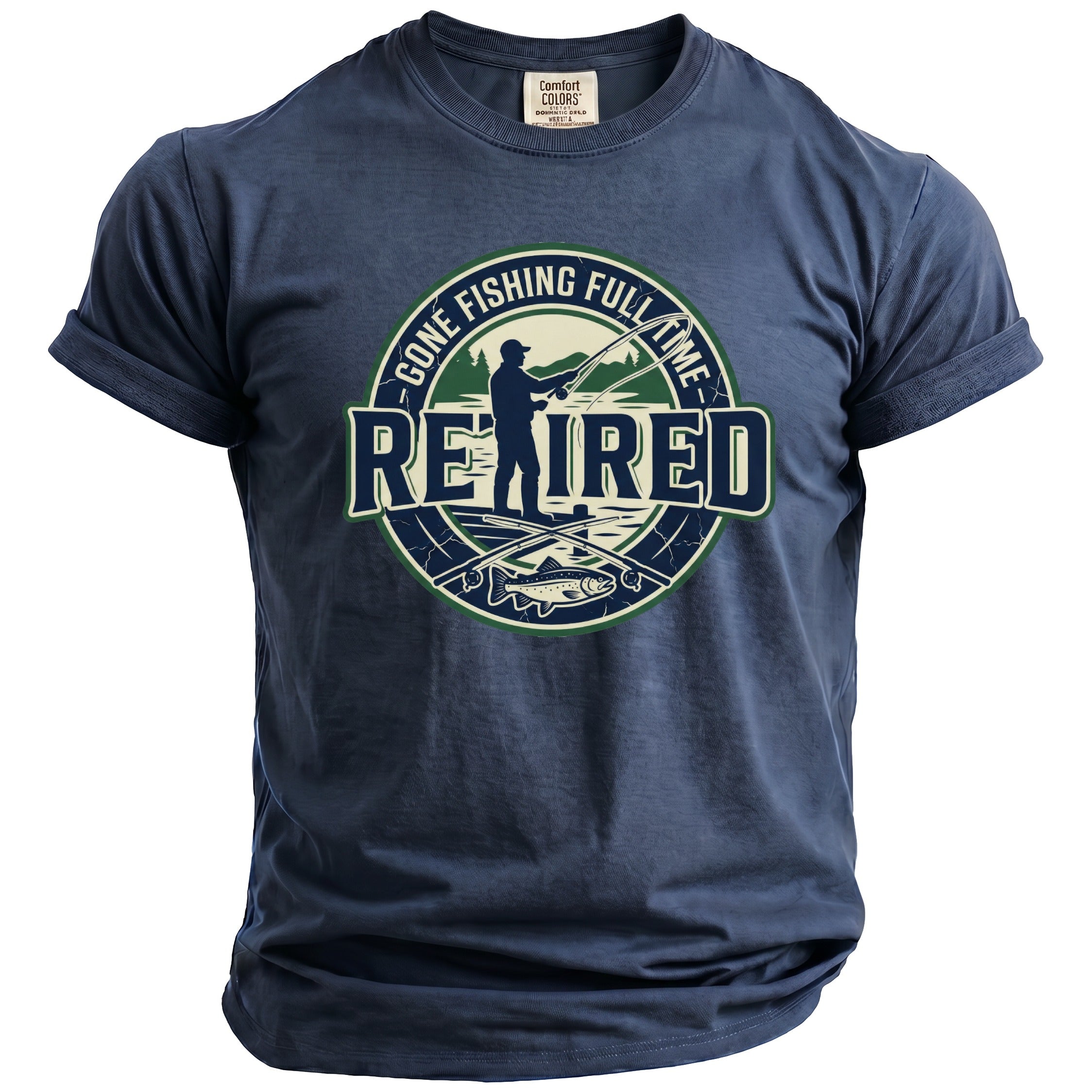 Navy t-shirt with "Retired Gone Fishing Full Time" graphic and fishing scene.