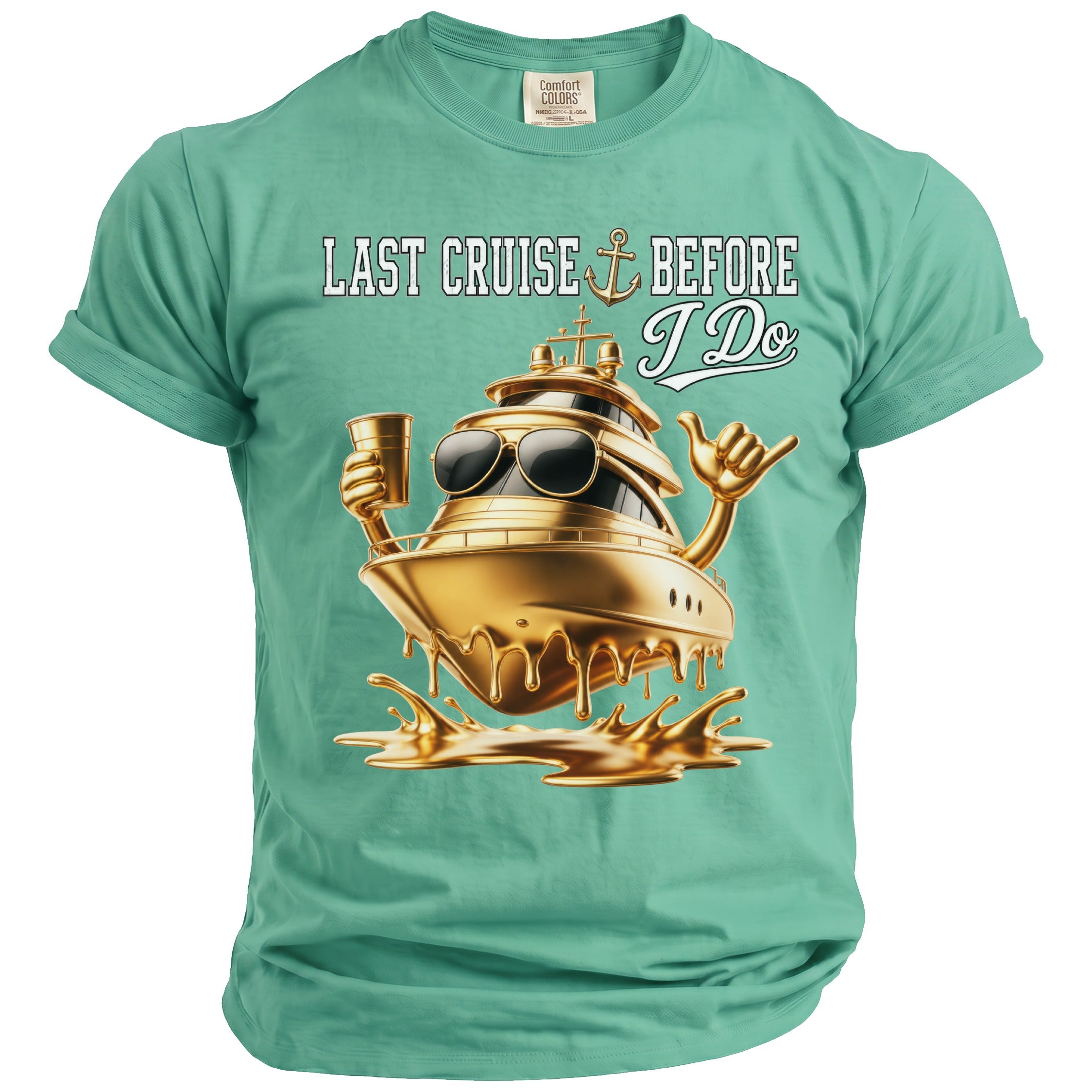 Teal t-shirt with golden yacht graphic and text "Last Cruise Before I Do".