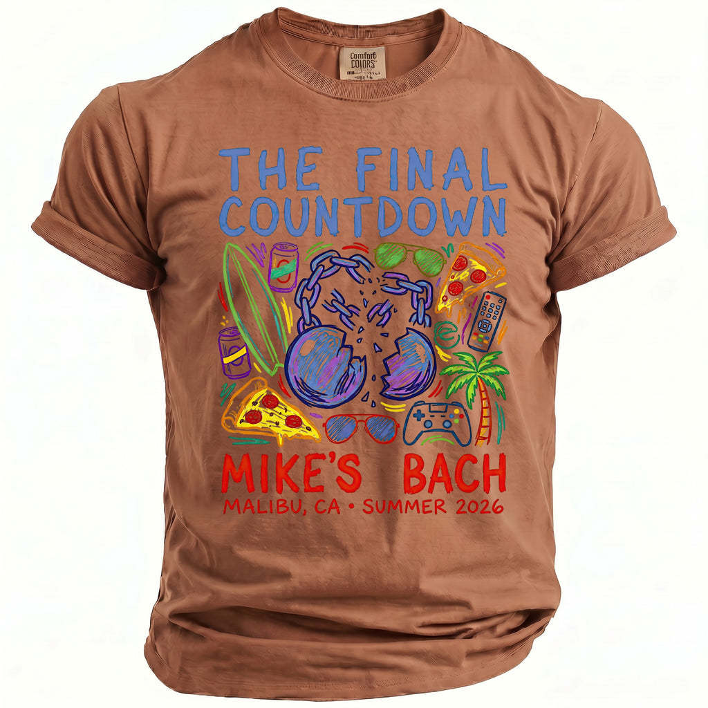 Brown t-shirt with "The Final Countdown Mike's Bach Malibu, CA Summer 2026" graphic.