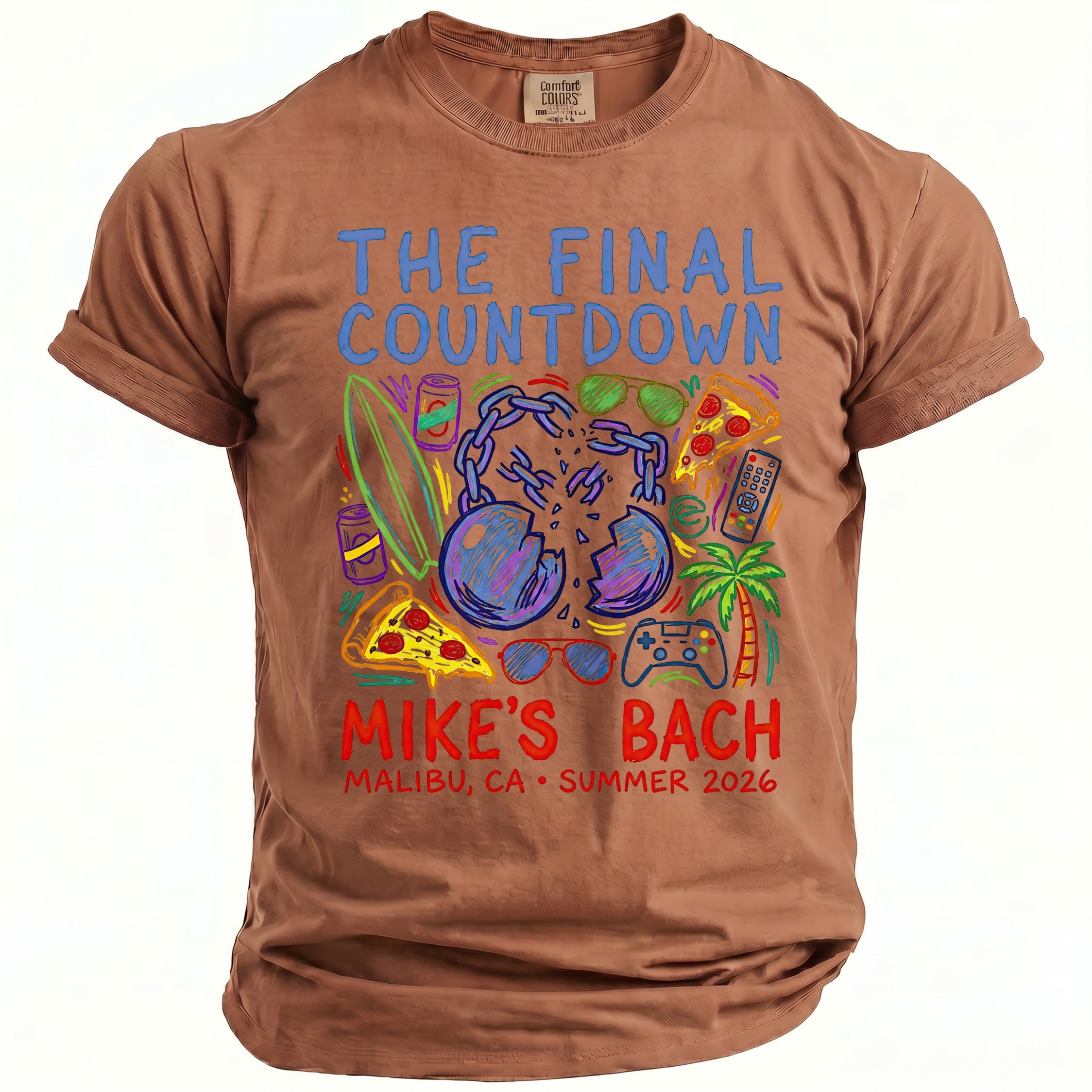 Brown t-shirt with "The Final Countdown Mike's Bach Malibu, CA Summer 2026" graphic.