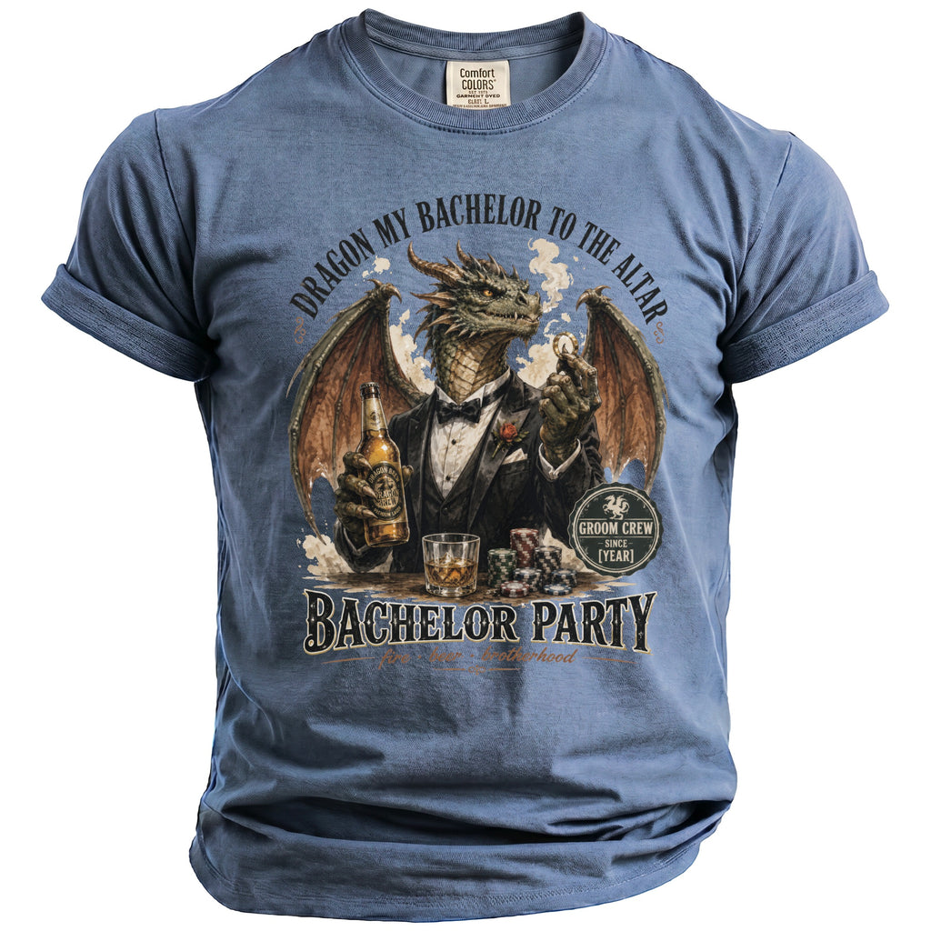 Blue t-shirt with a dragon in a tuxedo holding beer and poker chips.
