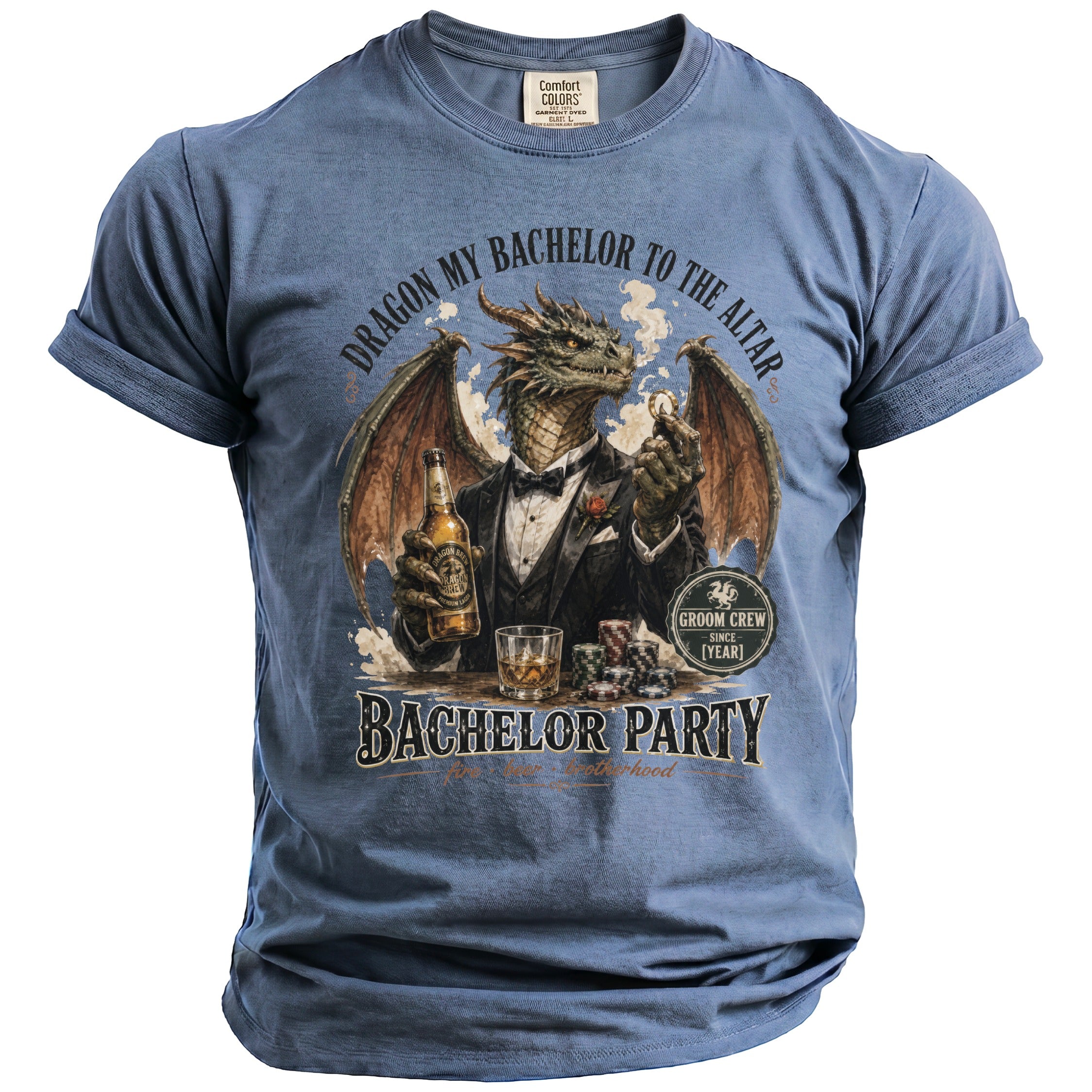 Blue t-shirt with a dragon in a tuxedo holding beer and poker chips.