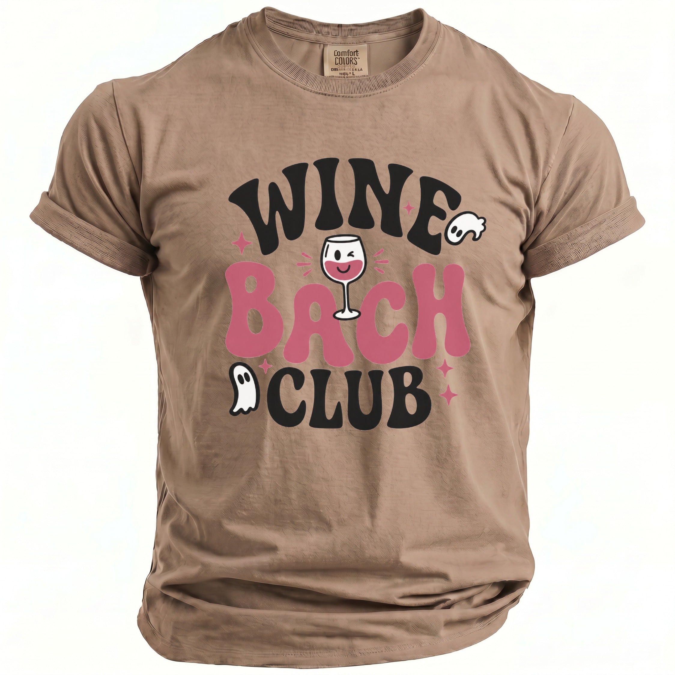Taupe t-shirt with black and pink "Wine Bach Club" text and ghost graphics.