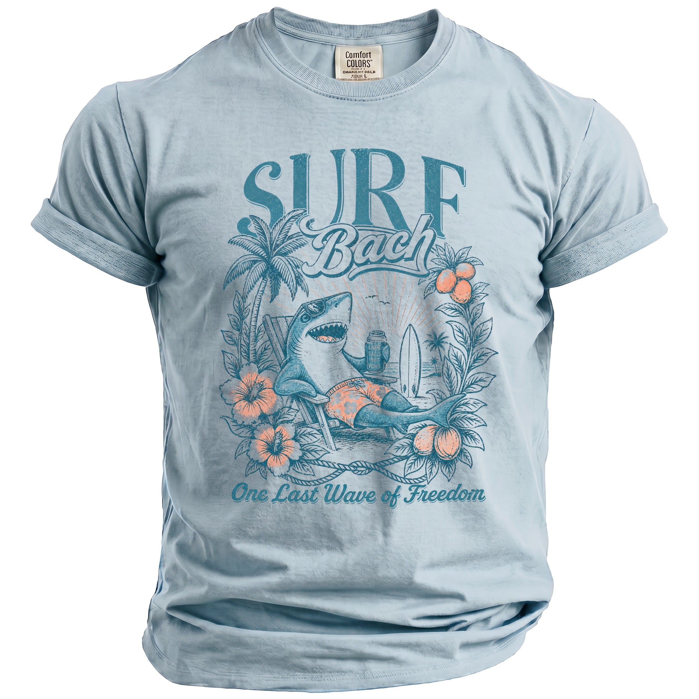 Light blue t-shirt with "SURF Bach" and shark graphic, "One Last Wave of Freedom" text.