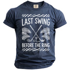 Navy Comfort Colors t-shirt with "Last Swing Before the Ring" golf graphic.
