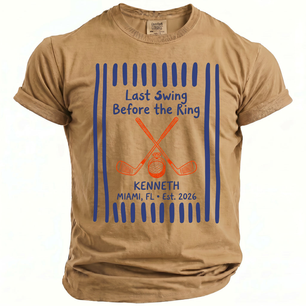 Tan t-shirt with "Last Swing Before the Ring" and golf graphics.