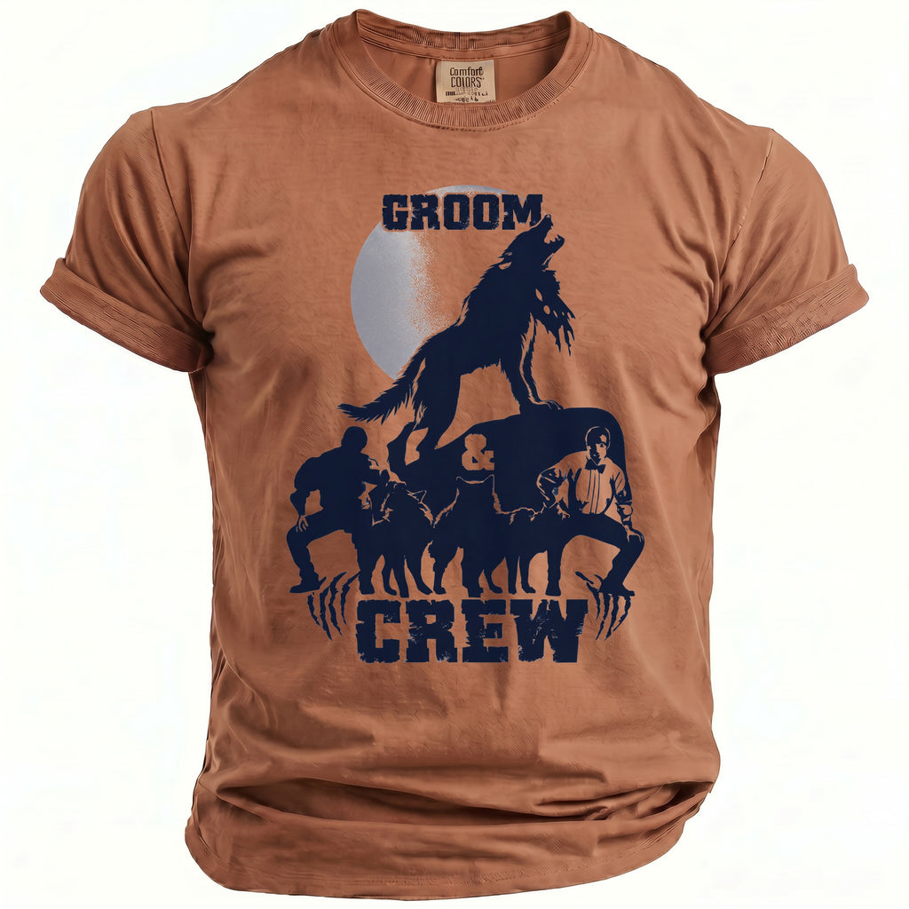 Brown t-shirt with dark blue graphic of a wolf howling above the words "GROOM CREW".