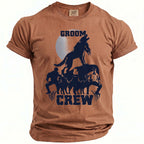 Brown t-shirt with dark blue graphic of a wolf howling above the words "GROOM CREW".