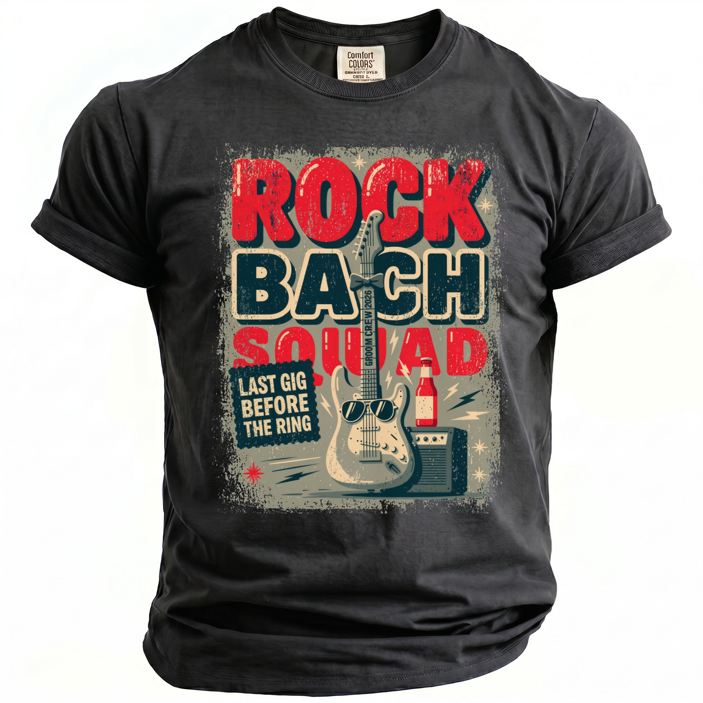 T-shirt graphic reads "ROCK BACH SQUAD LAST GIG BEFORE THE RING" with guitar and amplifier.